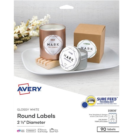 Avery Label, Round, 2.5, Glossy Wht 90PK AVE22830